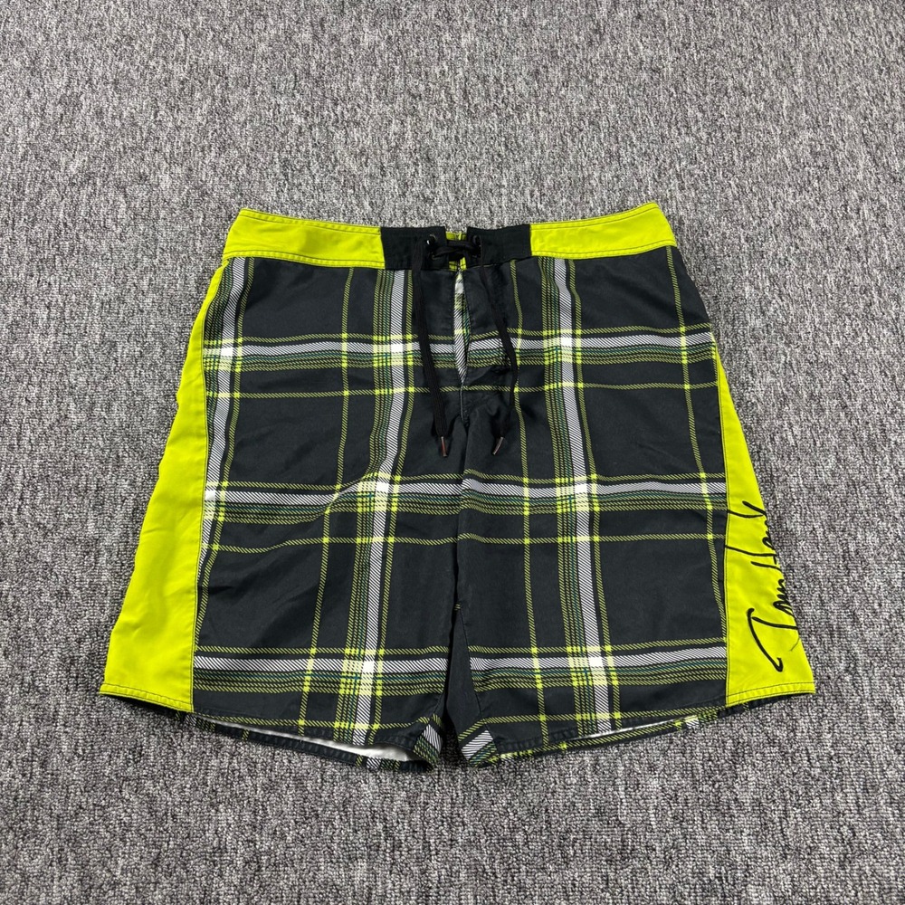Baggy Y2K Skater Tony Hawk Plaid Embroidered Board Shorts Black Neon Green 36